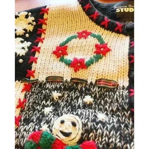 Vtg Christmas Sweater Designers Originals Studio Patchwork Embroidered EUC PM - Picture 10 of 16